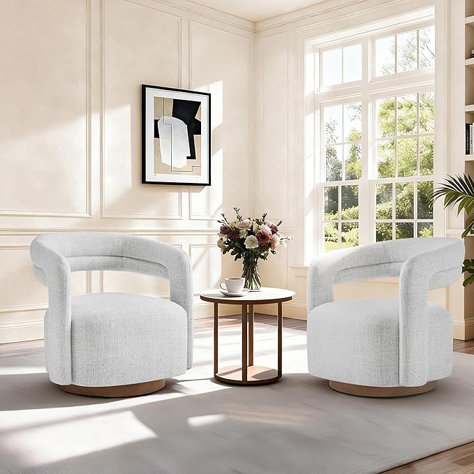 Swivel Accent Chair, Upholstered Barrel Chair with Open Back Design, Modern Arm Chair with Wooden Base for Living Room Bedroom Reading Waitingroom, White