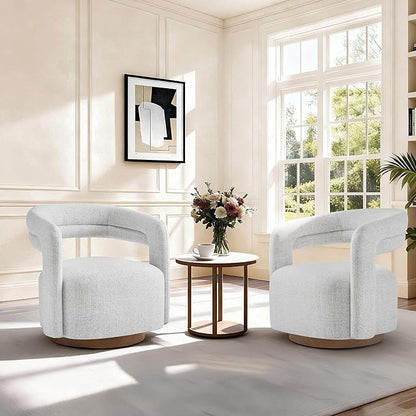Swivel Accent Chair, Upholstered Barrel Chair with Open Back Design, Modern Arm Chair with Wooden Base for Living Room Bedroom Reading Waitingroom, White