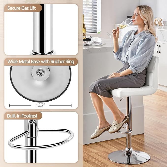 Yaheetech Bar Stools Set of 4, PU Leather Adjustable Swivel Barstools, Modern Armless Bar Chairs with Bigger Base, Thickened Seat Cushion, Square Island Barstools for Kitchen Island, White