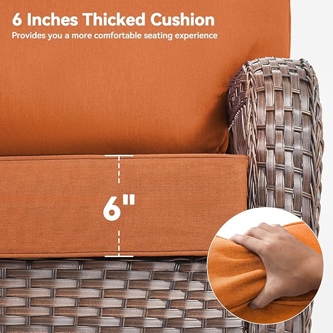 Luxury 6" Outdoor Cushions for Patio Furniture, 24x24x6" Thick Seat Cushion Set of 5, Fade Resistant Couch Chair Replacement Cushions High Density Deep Wicker Chair Cushion w/ Removable Cover, Orange