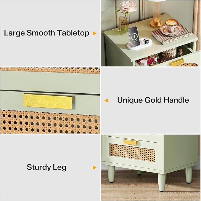 Tribesigns Mint Green Nightstand, 3-Drawer Rattan Night Stand Side Table, Accent Bedside Tables End Table for Bedroom and Small Spaces, Easy Assembly (1, Green)