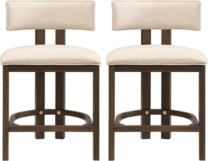 Christopher Knight Home Minso Wooden Counter Height Bar Stools Set of 2, Comfy Upholstered Barstools with Backrest/Footrest, Counter Stool for Kitchen Island/Home Bar Table, Walnut + Beige