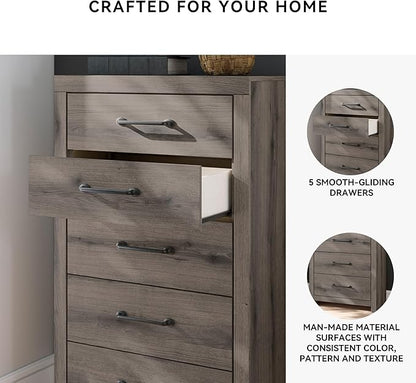 Signature Design by Ashley Urbanoore Rustic 5-Drawer Chest of Drawers with Safety Stop, Gray