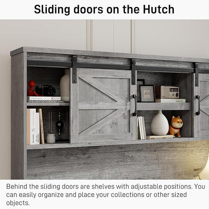 Farmhouse 67''H Executive Desk with Hutch & 5 Drawers, Rustic Office Desks Computer Desks with Charging Station, File Drawers and Storage Cabinets, Wood Workspace for Home Office & Study.（Grey）.