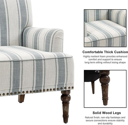 Accent Chair Set of 2, Mid Century Modern Comfy Armchair for Living Room, Linen Fabric Single Sofa Lounge for Reading Bedroom Apartment Waiting Room with Wood Legs-Blue Stripe
