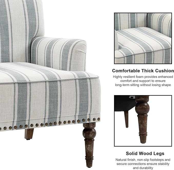 Accent Chair, Mid Century Modern Comfy Armchair for Living Room, Linen Fabric Single Sofa Lounge for Reading Bedroom Apartment Waiting Room with Wood Legs (Blue Stripe, Set of 1)