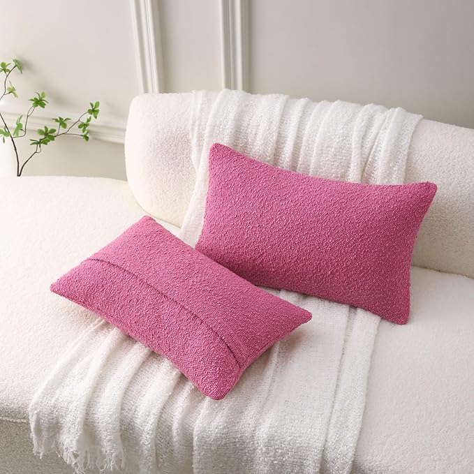 FUTEI Pack of 2 Hot Pink Decorative Throw Pillow Covers 12x20 Inch Soft Cozy Solid Boucle Textured Lumbar Pillow Cases,Modern Home Decor for Couch Bed Living Room