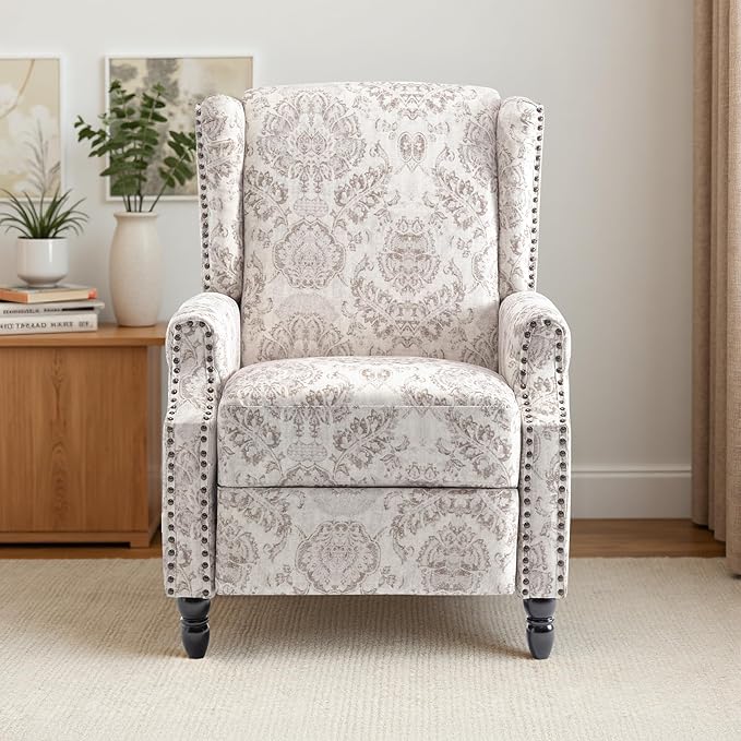 Recliner Chair, Upholstered Wingback Floral Pushback Armchair with Adjustable Backrest & Footrest, Comfy Accent Chair Reading Single Sofa for Small Spaces, Living Room, Bedroom (Beige, Set of 1)