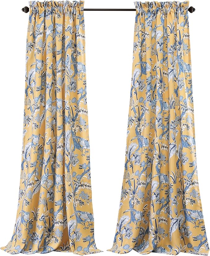 Lush Decor Dolores Light Filtering Window Panels, Pair, 52" W x 108" L, Yellow - Floral Curtains for Bedroom - Vintage Curtains - Coquette Room Decor