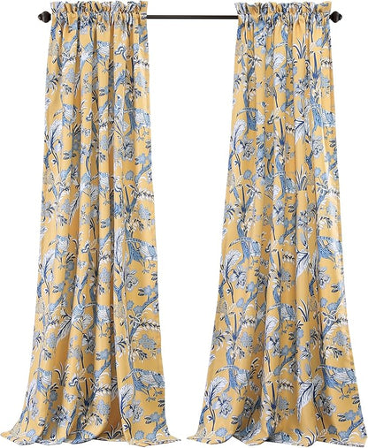 Lush Decor Dolores Light Filtering Window Panels, Pair, 52" W x 108" L, Yellow - Floral Curtains for Bedroom - Vintage Curtains - Coquette Room Decor