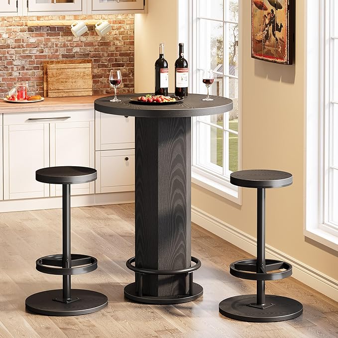 Tribesigns Round Bar Table with Chairs, Industrial Black Bistro Sets with 2 barstools, Small Pub Table with Metal Ring Footrest for Kitchen Nook, Apartment, Small Space