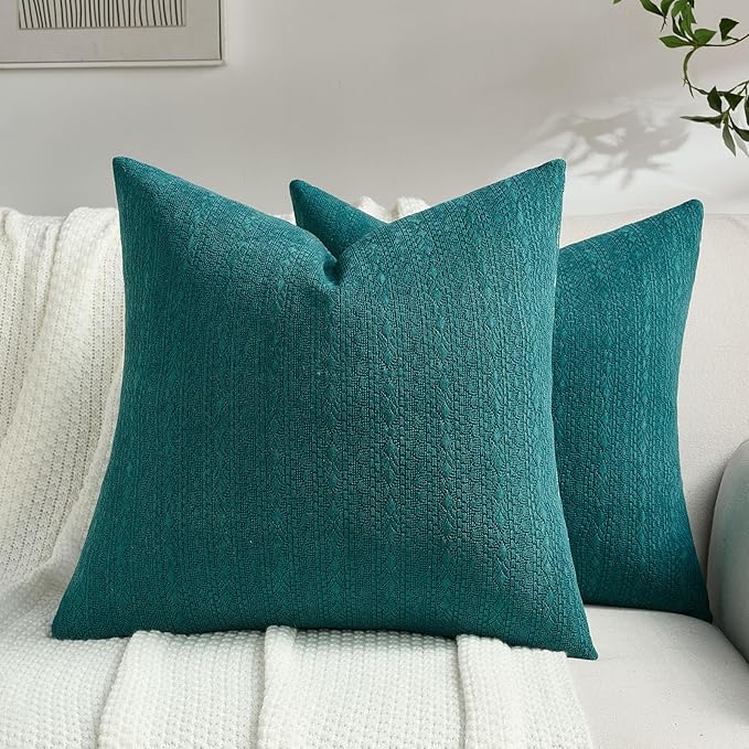 FUTEI Teal Chenille Throw Pillow Covers 18x18 Inch Set of 2,Soft Striped & Diamond Textured Cushion Cases,Modern Home Decor for Couch Living Room