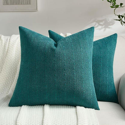 FUTEI Teal Chenille Throw Pillow Covers 16x16 Inch Set of 2,Soft Striped & Diamond Textured Cushion Cases,Modern Home Decor for Couch Living Room