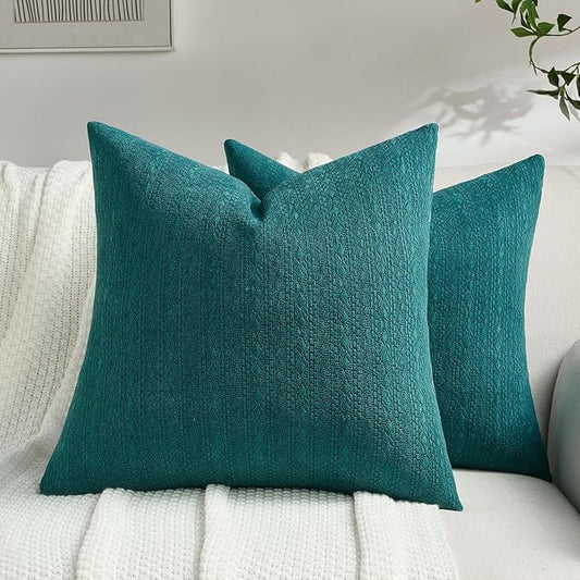 FUTEI Teal Chenille Throw Pillow Covers 22x22 Inch Set of 2,Soft Striped & Diamond Textured Cushion Cases,Modern Home Decor for Couch Living Room