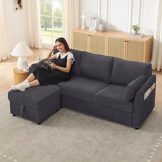 79" Small Couches with Storage Ottoman 3 Seat L Shaped Couch Sectional Sofa with Chaise Lounge for Apartment,Dorm,Bonus Room,Compact Spaces. (Grey, 3+OTT)