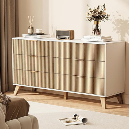 6 Drawer Dresser, 53.43 Inch Fluted Wood Double Dresser with Metal Handles Curved Design Wide Storage Organizer Cabinet Mid Century Modern Chest Dressers for Bedroom Living Room Entryway