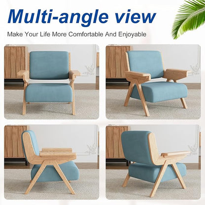 Mid Century Modern Accent Chair, Fabric Upholstered Lounge Arm Chair with Solid Wood Frame for Living Room, Bedroom, Office, Reading Corner (Blue, Single Chair)