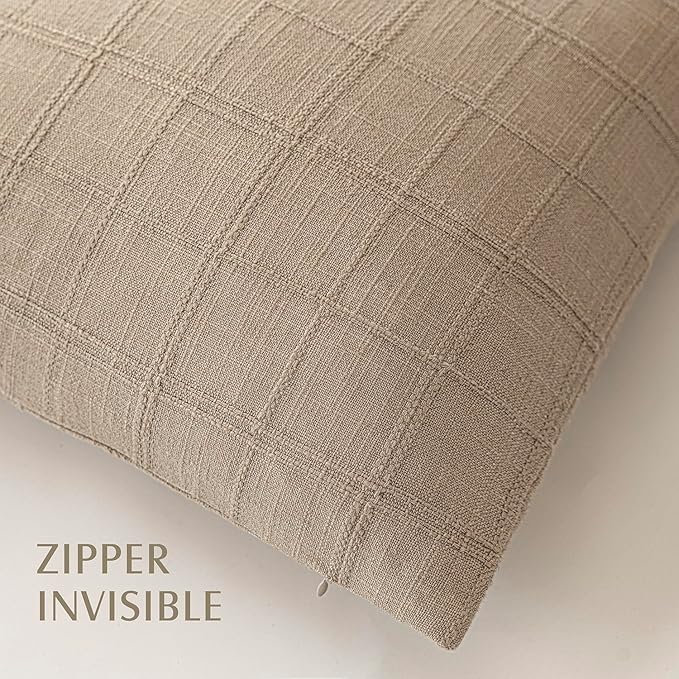 Foindtower Set of 2 Decorative Linen Check Throw Pillow Covers Neutral Farmhouse Vintage Cushion Covers Modern Coastal Boho Home Decor for Sofa Chair Couch Bedroom Living Room,24×24 Inch,Camel