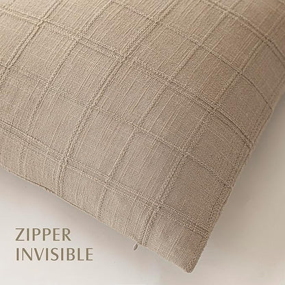 Foindtower Set of 2 Decorative Linen Check Throw Pillow Covers Neutral Farmhouse Vintage Cushion Covers Modern Coastal Boho Home Decor for Sofa Chair Couch Bedroom Living Room,18×18 Inch,Camel