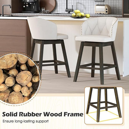 COSTWAY Counter Height Bar Stools Set of 4, Fabric Upholstered Island Stools with 360° Swivel Seat & Button-Tufted Back, Modern Pub Stools with Solid Rubber Wood Frame (Beige,4)