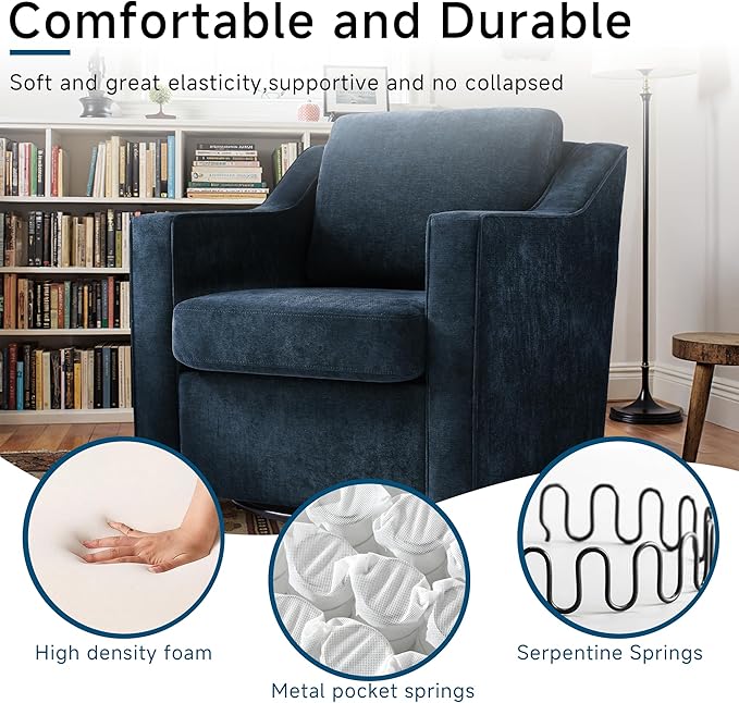 Pia Ricco 2-Pack Plush Oversized Chenille Fabric Swivel Accent Chairs with Removable Covers, Living Room Reception Bundle Set,Grey Blue