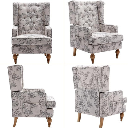 Mid-Century Accent Chair, Upholstered Arm Chair Linen Fabric Side Chair with High Back Solid Wooden Legs, Comfy Reading Chair for Living Room Bedroom, Floral Pattern