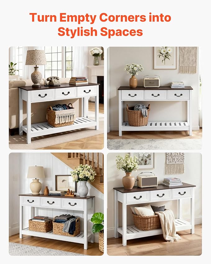 VEVOR 47 in Console Table, Farmhouse Desk Behind The Couch with Drawers and Bottom Storage Shelf, Wooden Rectangle Entrance Narrow Sofa Table for Hallway, Bedroom, Living Room, Foyer, Brown + White