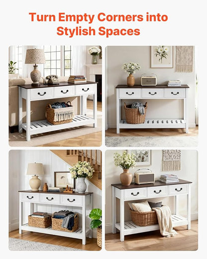 VEVOR 47 in Console Table, Farmhouse Desk Behind The Couch with Drawers and Bottom Storage Shelf, Wooden Rectangle Entrance Narrow Sofa Table for Hallway, Bedroom, Living Room, Foyer, Brown + White