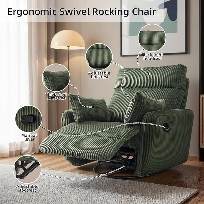 Swivel Recliner Chair for Adults, Corduroy Nursery Glider Rocking Chair, Armchair with 2 Pillows, Comfy High Back Reclining for Small Spaces, Nursery Bedroom Living Room (Corduroy Green, 1 Pack)