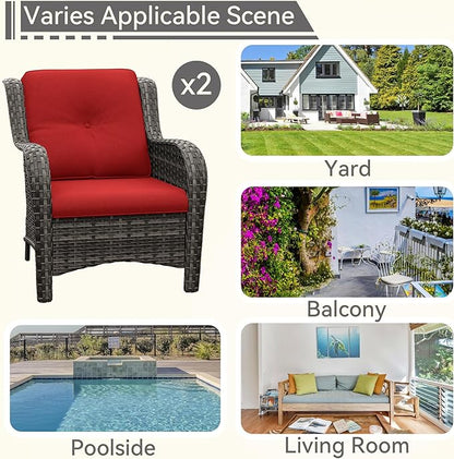 Patio Wicker Chairs Set of 2, Patio Rattan Dining Chairs with 3.5-inch Seat Cushions, High Back and Curved Armrest for Garden, Backyard, Balcony and Deck, Red