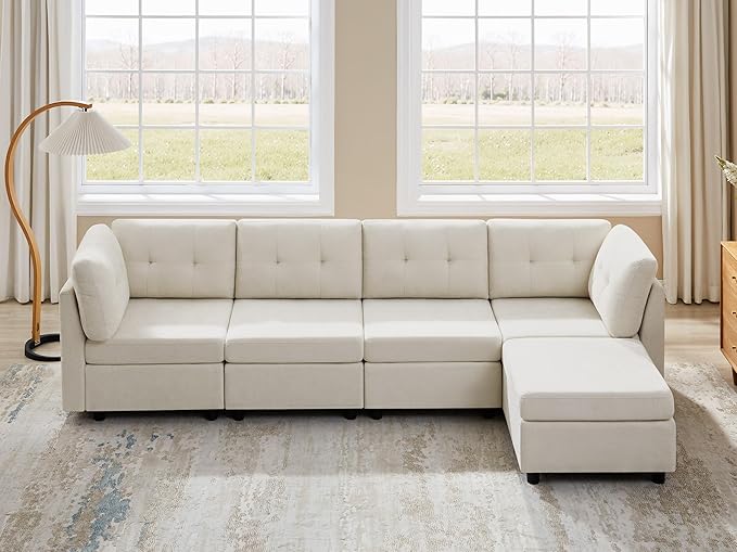 VANOMi 4 Seat Modular Sectional Sofa with Ottoman, 118" Cloud Sofas & Couches, Cozy Chenille Sectional Couches for Living Room, Apartment, Office, Beige, L Shaped