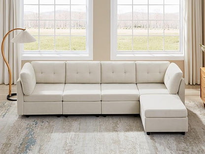 VANOMi 4 Seat Modular Sectional Sofa with Ottoman, 118" Cloud Sofas & Couches, Cozy Chenille Sectional Couches for Living Room, Apartment, Office, Beige, L Shaped