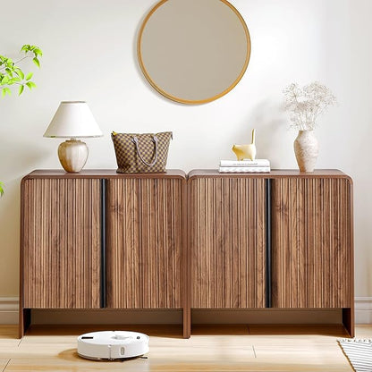 BERRYMERRY 2 Door Fluted Sideboard Buffet Cabinet with Storage, Modern Wood Cabinet with Adjustable Shelves for Living Room, Dining Room (Brown 2 Doors)
