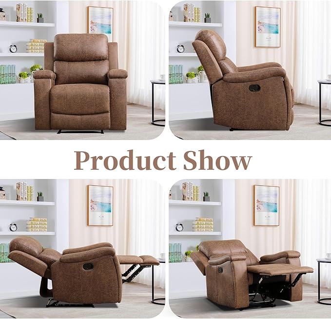 EBELLO Recliner Chair, Single Overstuffed Sofa Recliner, Breathable Faux Leather Manual Reclining Chairs with Hidden Cup Holder, Arm and Back for Adults, Living Room, Bedroom, Light Brown