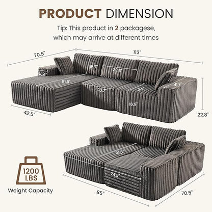 Apicizon 113" Modular Sectional Couch for Living Room, L Shaped Sectional Sofa Couch with Deep Seat, 3 Seat Boneless Sofa with Chaise Longue for Apartment，No Assembly Required (Plush Corduroy Gray)