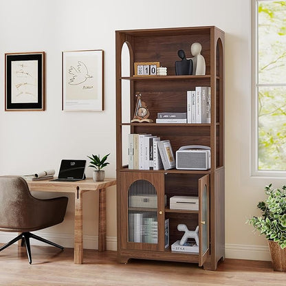 RARZOE Set of 2 Bookshelves and Bookcases, 5-Tier Arched Bookshelf with Glass Doors, Floor Standing 5 Shelf Book case, Wood Display Cabinet Storage Organizer for Living Room, Bedroom, Office(Walnut)
