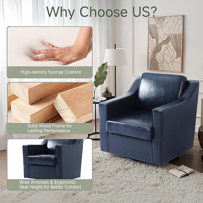 UIXE Faux Leather Swivel Accent Chair, Upholstered Arm Chair for Living Room, Modern Club Armchair Comfy Single Sofa Bedroom Reading Seat with Lumbar Pillow - Navy Blue