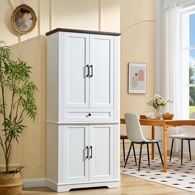 71" White Tall Pantry Cabinet with Drawer and Adjustable Shelves, Modern Storage Cabinet with Doors, Kitchen Buffet Cabinet, Food Pantry Storage Cabinet, Coffee Bar, Living Room and Dining Room