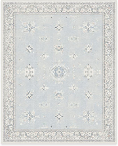 RUGGABLE Washable Vintage Area Rug – Verena Soft Blue 8x10, Stain-Resistant, Non-Slip – Large Machine Washable Rugs for Living Room, Bedroom, Hallway, Entryway & Office–with Cushioned Pad