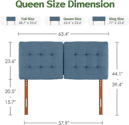 Upholstered Headboard Queen Size, Adjustable Height Queen Headboard Only from 39”to 44”with Durable Solid Wood Legs, Modern Button Diamond Fabric Bed Head Board with Width Adapters, Blue