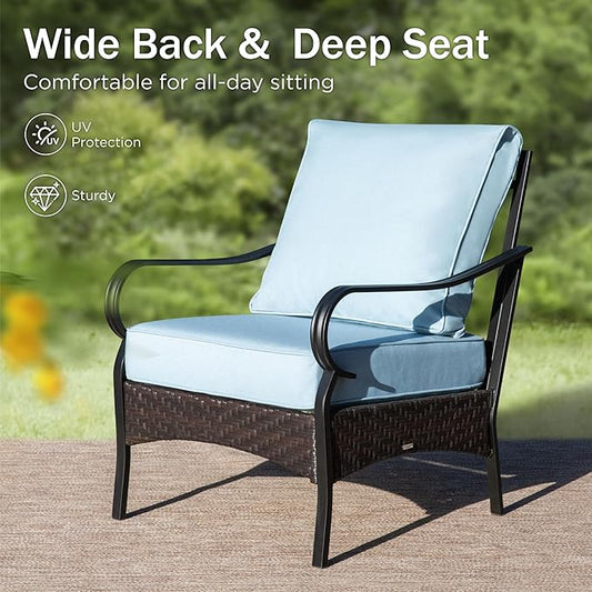 Patio Furniture Set with 56" Fire Pit Table, Premium Outdoor Wicker Metal Frame Furniture with Upgraded Waterproof Thick Cushions for Porch, Poolside, Deck, and Yard （4 Pieces,Blue）