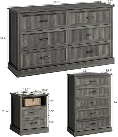 CARPETNAL Farmhouse Dresser and Nightstand Sets for Bedroom, 4 Pcs Bedroom Set, 5 Drawer & 6 Drawer Dresser and Nightstand Set of 2, Wood Chest of Drawers for Living Room, Entryway, Grey