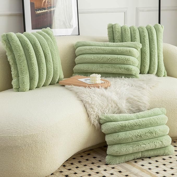 Neelvin Green Faux Fur Cozy Soft Striped Decorative Throw Pillow Covers 12x20 inch Set of 2,Velvet Pillowcase Cushion Case for Sofa Couch