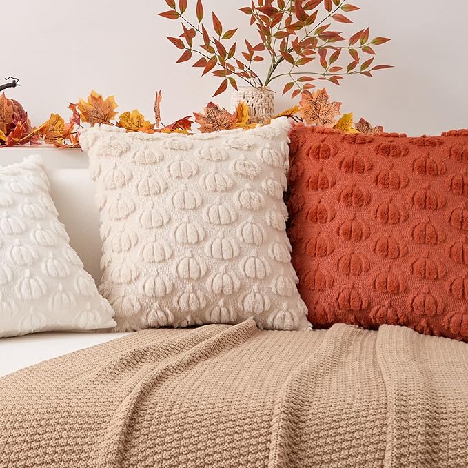 Kevin Textile Fall Pumpkins Pillow Covers 18x18 Inch Set of 2 Cute Autumn Decorative Square Pillowcases Soft Faux Fur Cushions Harvest Gift for Couch Sofa Chair Bedroom Home Decor, Orange