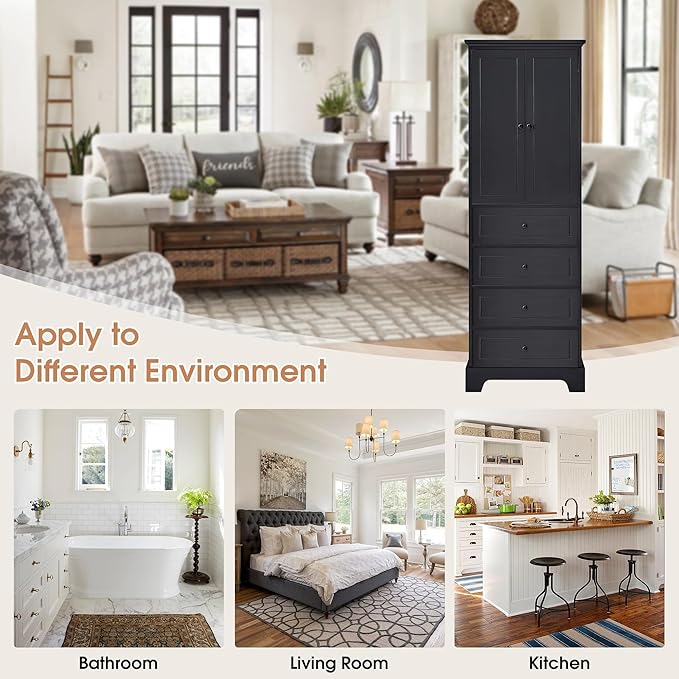 P PURLOVE Tall Bathroom Storage Cabinet with 2 Doors and 4 Drawers,Narrow Bathroom Cabinet Standing,Wood Freestanding Bathroom Cabinet for Kitchen,Living Room,Black