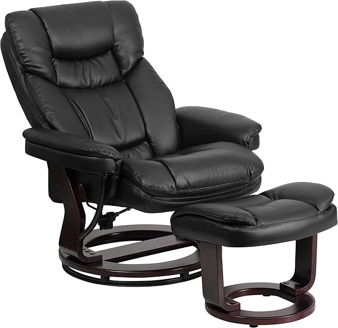 Flash Furniture Allie LeatherSoft Upholstered Recliner with Footrest, Arms, and Headrest, Padded Swivel Recliner Chair and Ottoman Set, Black