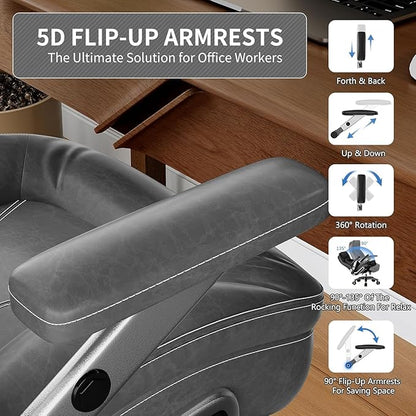 Big and Tall Office Chair, 600lbs Heavy Duty Desk Chair with 5D Arms, Adjustable Lumbar Support & Height, Tilt Function, PU Leather High Back Ergonomic Executive Computer Chair with 3'' Silent Casters