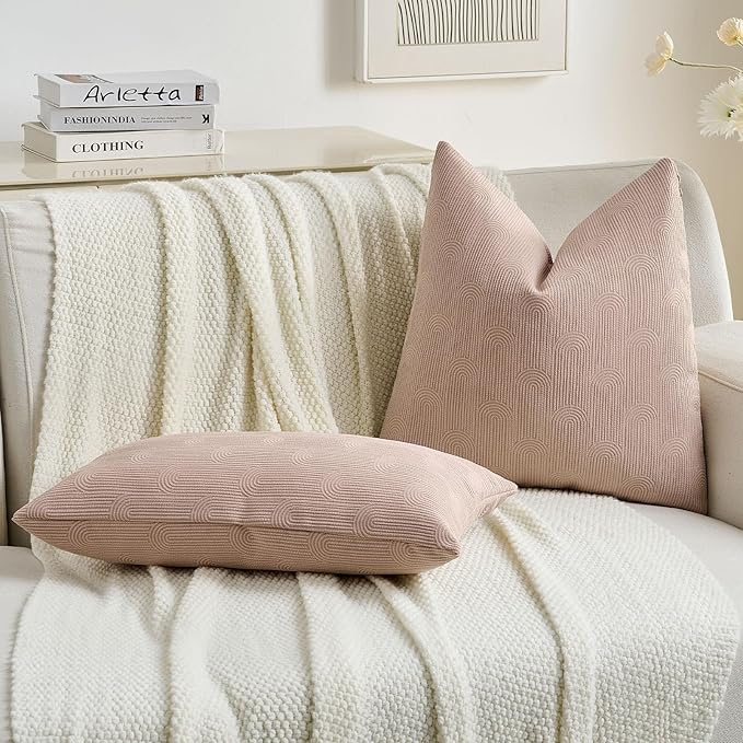 FUTEI Pink Chenille Decorative Throw Pillow Covers 24x24 Inch Set of 2,Soft Cozy Striped Geometric Patterns European Cushion Case,Modern Home Decor for Couch Bed Living Room