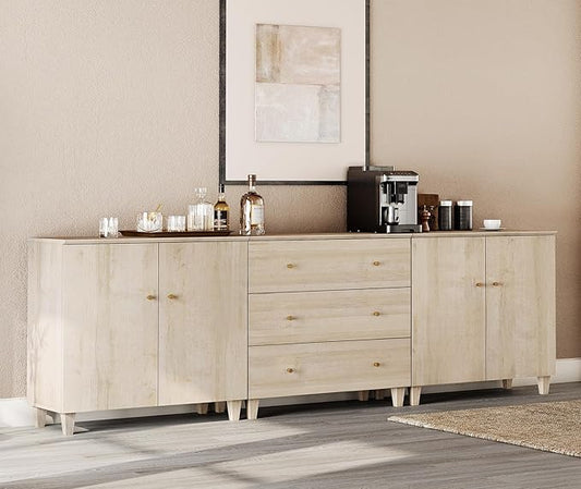 WAMPAT Sideboards Buffet Cabinet, 3-in-1 Wood Wide Credenza Storage Cabinet with Doors and Drawers, Modern Kitchen Coffee Bar Table with Storage for Living Room Dining Room, Natural Oak