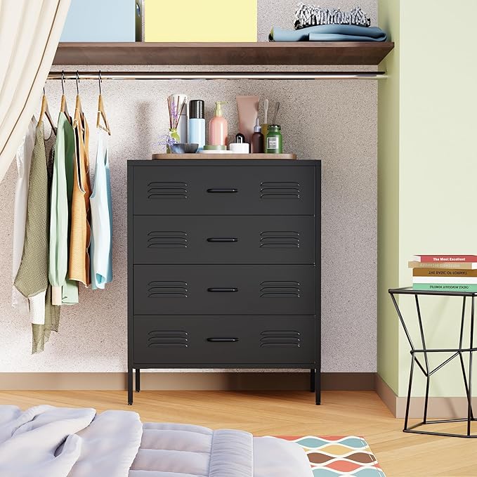 Black Metal 4 Drawer Dresser for Bedroom, Chest of Drawers for Closet, Bedroom Dressers with Drawers, Metal Dressers & Chests of Drawers for Office, Bedroom, Living Room and Entryway
